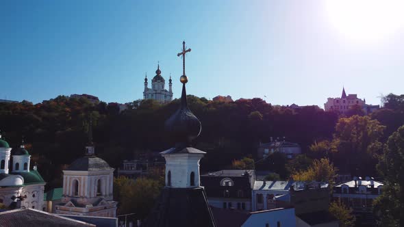 Aerial view of Church of St. Nikolay Dobryi and historical part of Kyiv - Podil