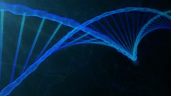 Blue dna strand with genome code spinning in the dark black background loopable 4k alt