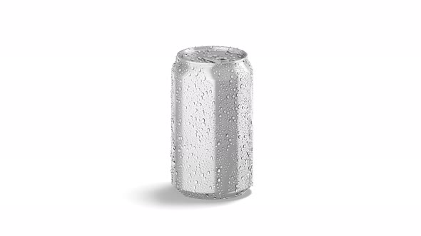 Blank silver soda can with drops, looped rotation