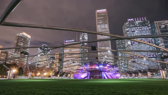 Night timelapse of sky over Jay Pritzker Pavilion