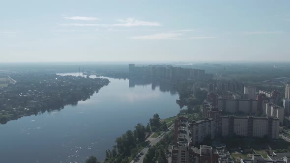 Drone Flight Over the City Near the River  Footage Aerial