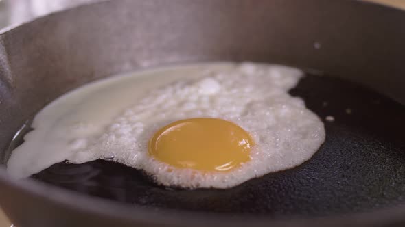 Close up of the fried egg in a pan for breakfast