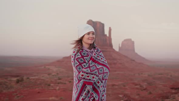 Happy Beautiful Woman Portrait Looking Around Red Canyon Landscape View Sunset