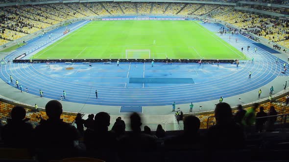 Fans During Half-Time Talking About Football Game, Stadium Arena