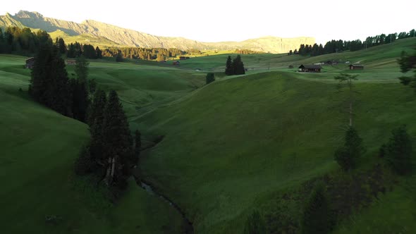 Aerial video of the sunrise in the Dolomites mountains