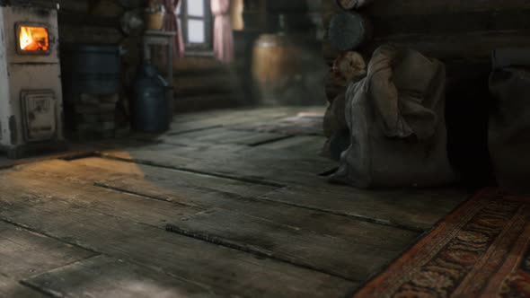 Dark Interior of Retro Log House alt