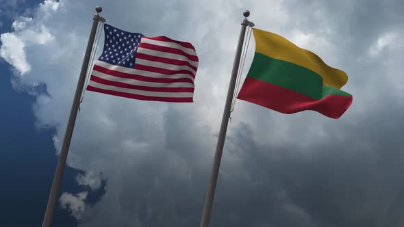 Waving Flags Of The United States And The Lithuania 4K