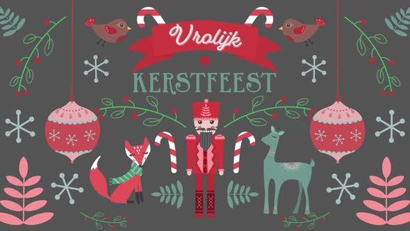 Animation of Vrolijk Kerfees words with animals on Christmas decorations background