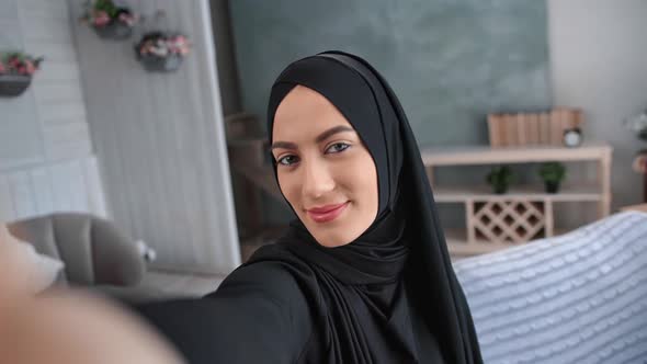 Portrait Smiling Muslim Woman Blogger Posing Taking Selfie Video Call