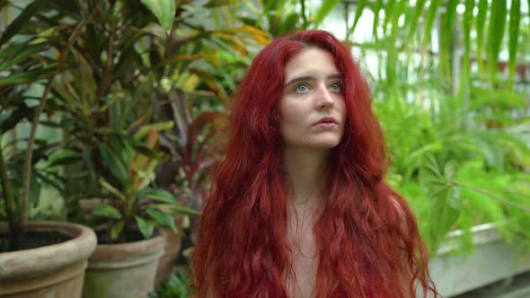 Redhead girl in a greenhouse alt