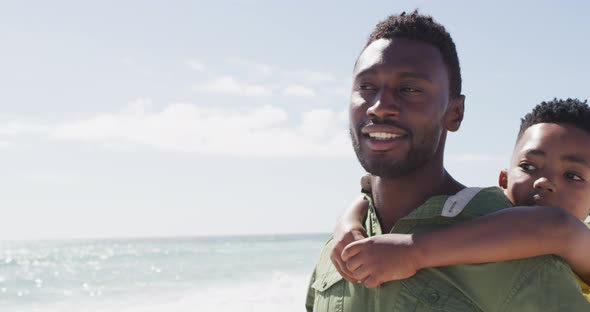 Smiling african american father with son embracing on sunny beach