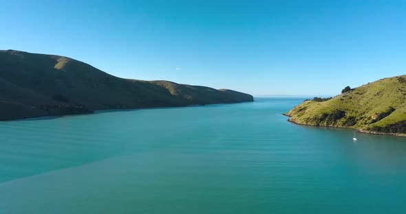 Aerial view over Port Levy, a Maori settlement on Banks Penninsula in Canterbury New Zealand