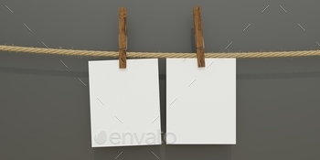 Paper card hang with clothespin. Blank memo note, reminder on black. Advertise template. 3d render