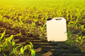 Blank white herbicide canister can in corn seedling field in springtime sunset - PhotoDune Item for Sale