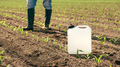 Herbicide jug container in corn seedling field, farmer walking in background - PhotoDune Item for Sale