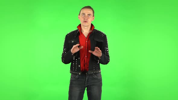 Guy Refuses Stress and Takes Situation, Calms Down, Breathes Deeply. Green Screen