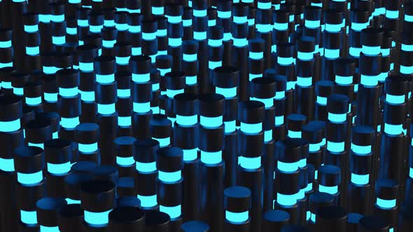 Abstract Dark Mettal Cylinders with Neon Blue Light