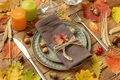 Autumn rustic table setting between leaves and berries on vintage wooden table close up - PhotoDune Item for Sale