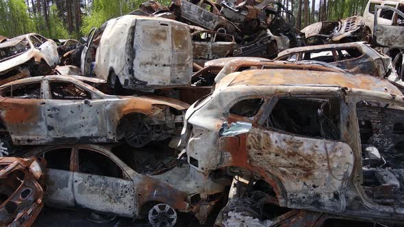 War in Ukraine a Dump of Shot and Burned Cars in the City of Irpen Near Kyiv