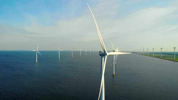 Windmill Park in the Ocean Drone Aerial View of Windmill Turbines Generating Green Energy Electric