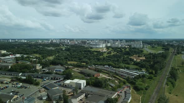 City block. The railway line and motorway pass nearby. Aerial photography.