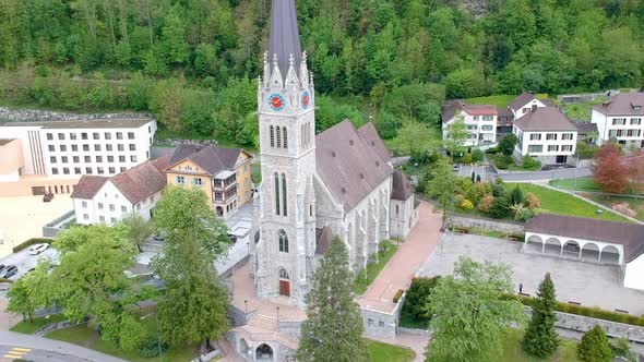 Exterior Of Neo-gothic Church Vaduz Cathedral (Cathedral of St. Florin) In Vaduz, Liechtenstein. aer