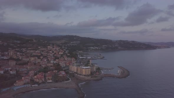 Sunset Aerial View on Coastal City