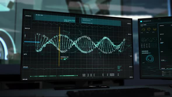 Process of the DNA Analysis is shown on the monitor. DNA strand is rotating. UI. alt