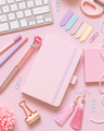 Notebook, Pink school girly accessories and keyboard on pastel pink Top view, mockup - PhotoDune Item for Sale