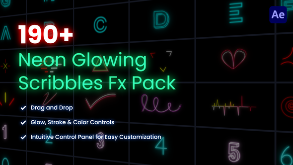 Neon Glowing Scribble & Typeface Pack alt