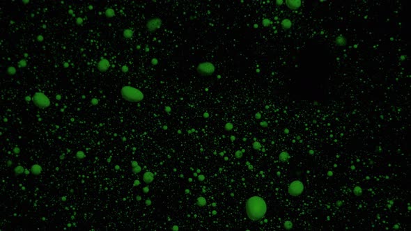 Green Volumetric Fluorescent Particles Move and Change on a Black Moving Background Transition