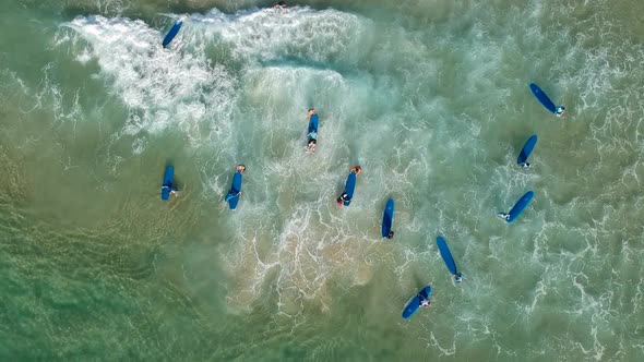 A aerial view of a group of people learning to surf at the beach