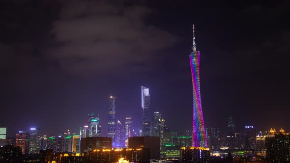 Guangzhou City Canton Tower in China at Night Timelapse