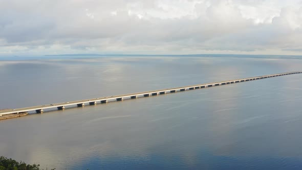 Drone View of a Modern Lowwater Bridge Across the Sea in Vladivostok