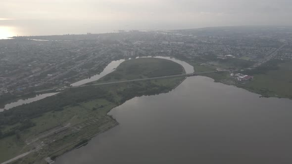 Aerial view of Lake Paliastomi at sunset. Kolkheti National Park, Georgia