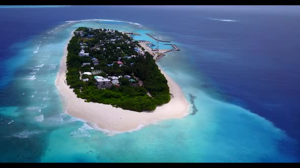 Aerial view texture of exotic bay beach wildlife by blue green sea and white sandy background of a d