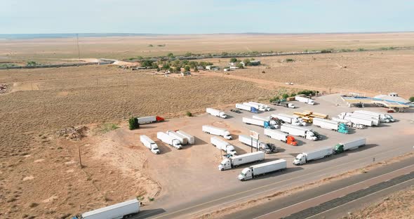 Aerial View of Parking Lot with Trucks on Transportation of Truck Rest Area Dock