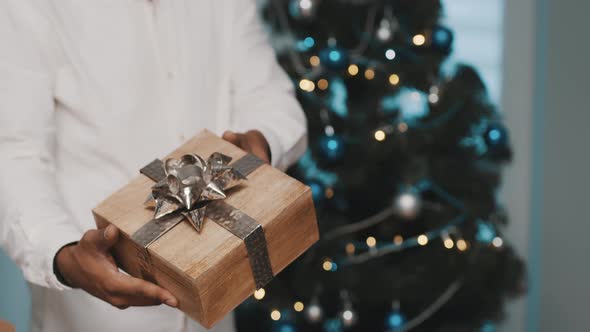 African American Black Man Giving Christmas Gift Front Christmas Tree