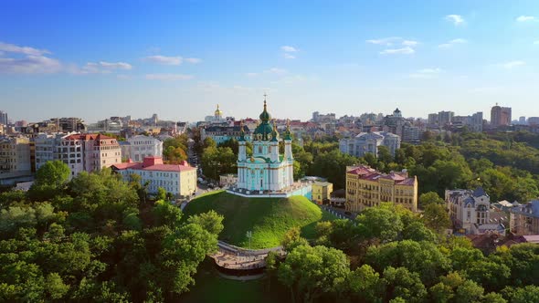 Aerial Drone Video Famous St. Andrews Church and Panorama of Kyiv, Ukraine