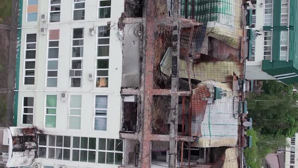 Vertical Video of a Wartorn Building in Ukraine