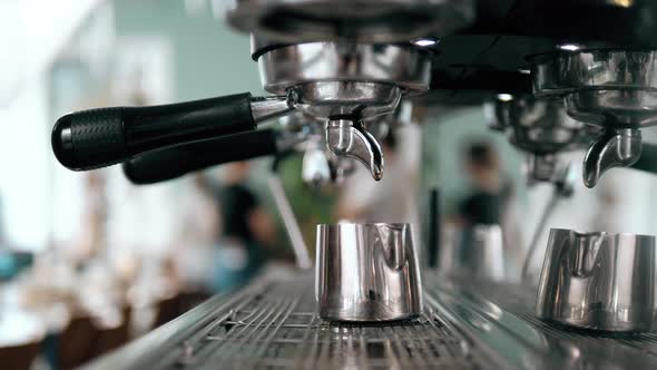 Prepares Espresso in His Coffee Shop Closeup Counter Espresso Automatic Cappuccino Bari Sta