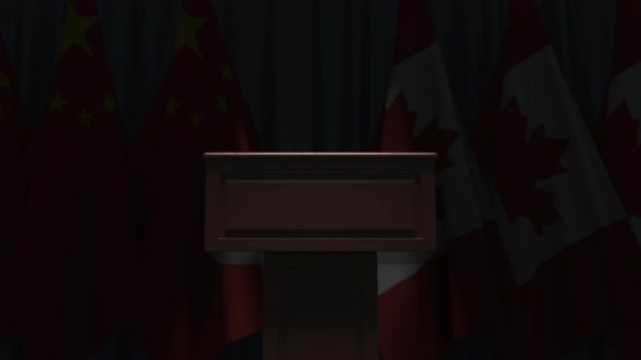 Row of Flags of Canada and China and and Speaker Tribune alt