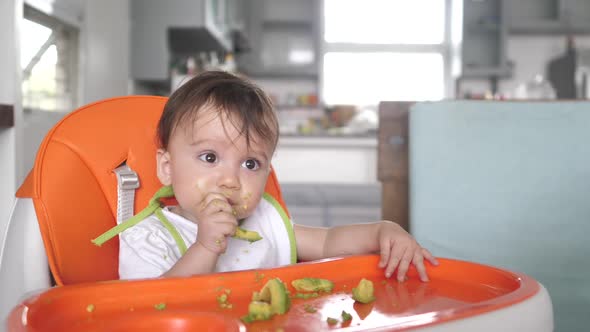 Mom Puts Pieces of Tasty and Healthy Avocado on the Feeding Table for Her Son the Baby Takes the