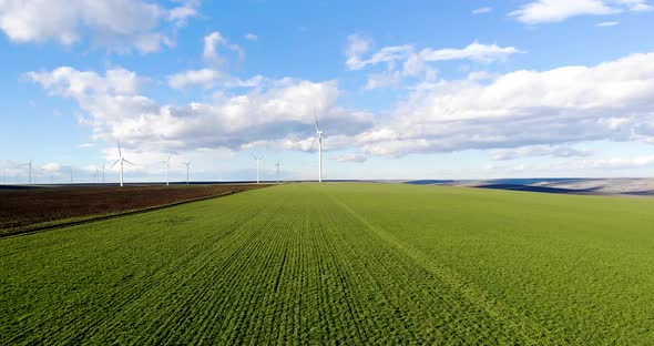 Wind turbines overlooking the green farm fields on a sunny day