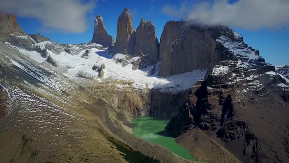 Aerial view of mountains and lake in Torres del Paine national park, Chile.