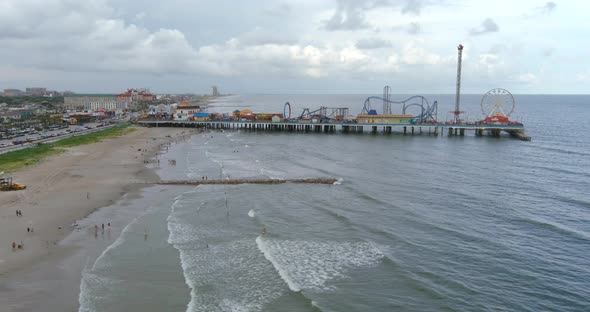 Aerial view of Pier off the coastal area of Galveston Island Texas