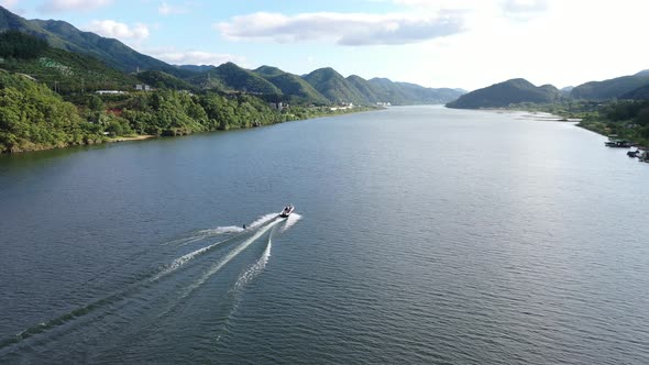 Aerial Drone View Han River And Water Skiing 02