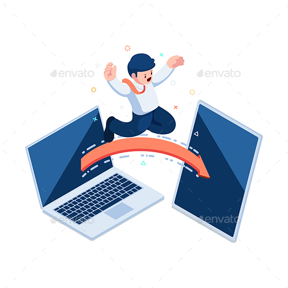 Isometric Businessman Jumping from Laptop to Digital Tablet