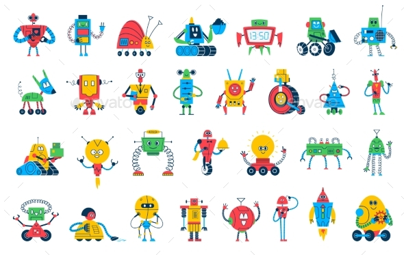 Cartoon Robot Toys Vector Characters of Cute Bots