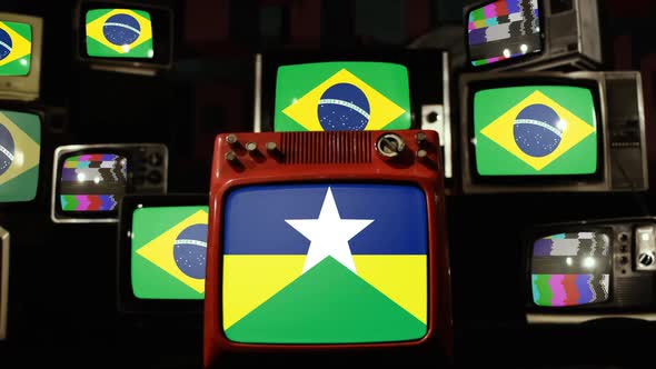 Flag of State of Rondonia and Brazil Flags on Retro TVs.